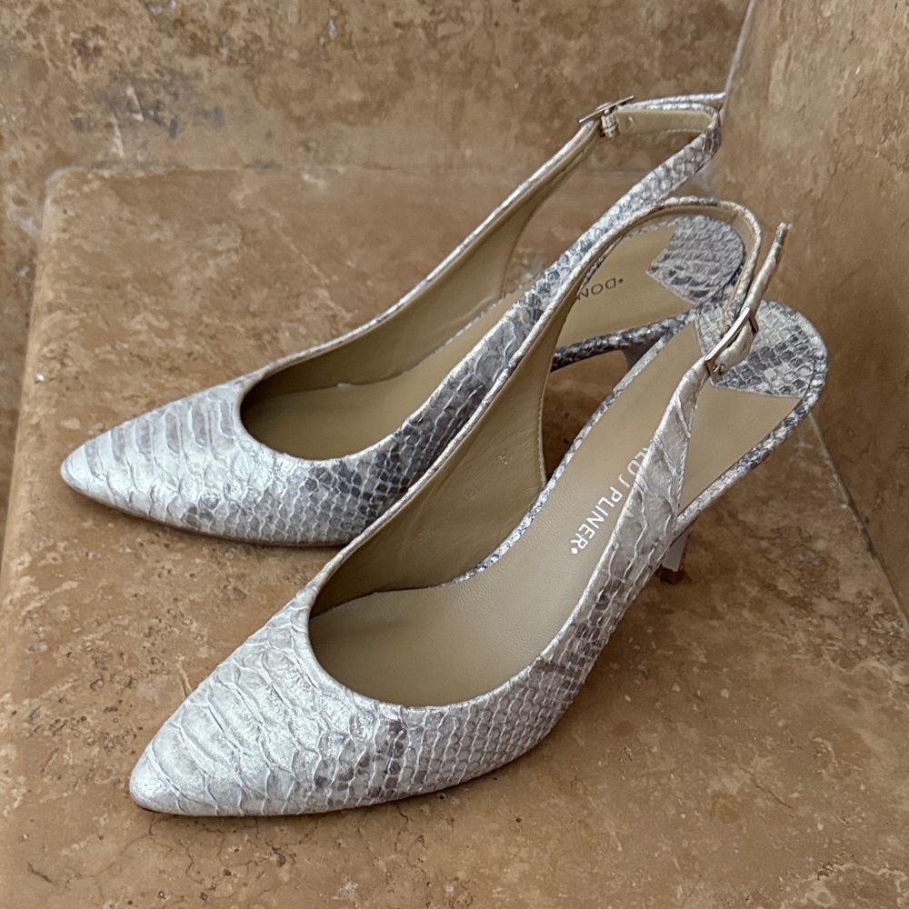 Donald J. Pliner Silver Snakeskin Textured Slingback Heels